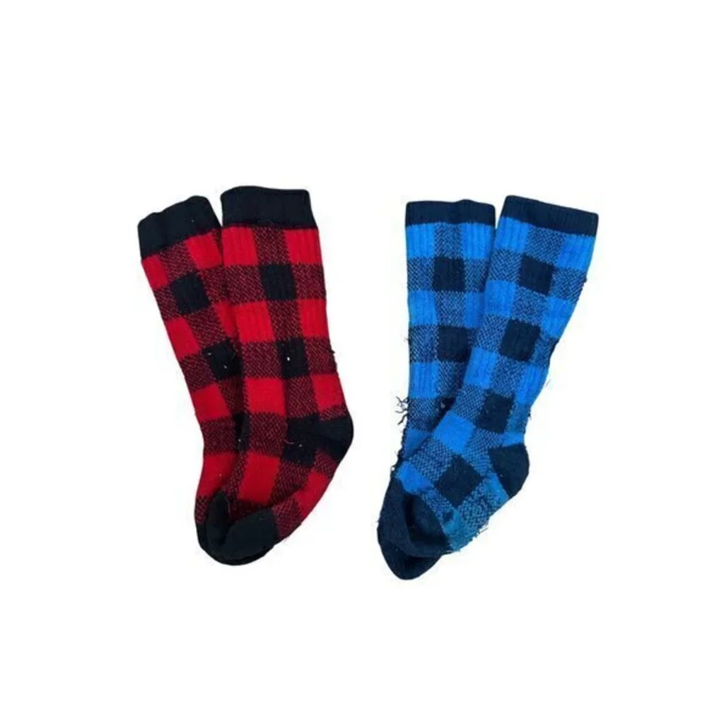 Lands End Kids Plaid Crew Socks Set Of 2 Pairs Blue & Red Size S Cotton Blend Co
